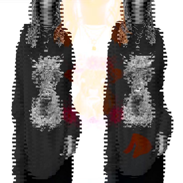 Cute Baby Highland Cow With Flowers Calf Animal Cow Women Women Sweatshirt