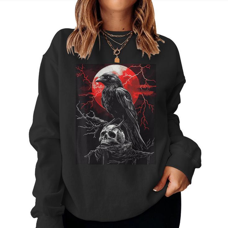 Raven Skull Moon Scary Black Gothic Spooky Black Crow Women Sweatshirt