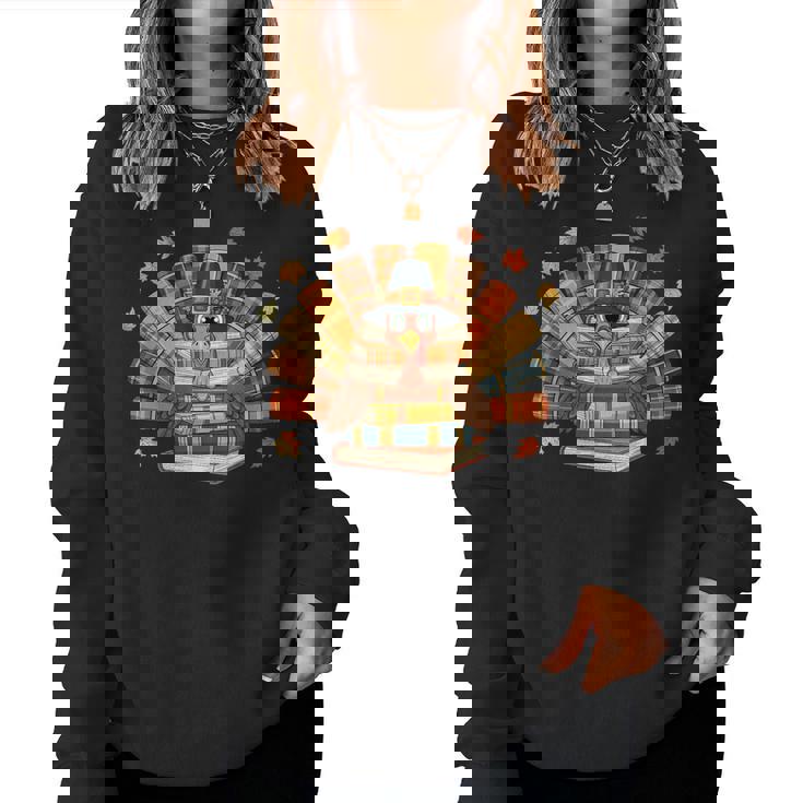 Thanksgiving Turkey Reading Book Fall Season Teacher Costume Women Sweatshirt