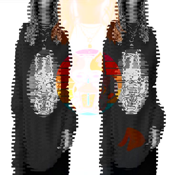 かわいい猫 ボバ ティーバブル アニメ 日本猫 女の子 ティーン レディーススウェットシャツ