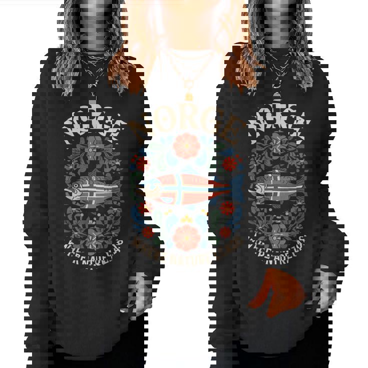 サーモン ノルウェー Rosemaling 花柄 フィヨルド 自然 Norge レディーススウェットシャツ