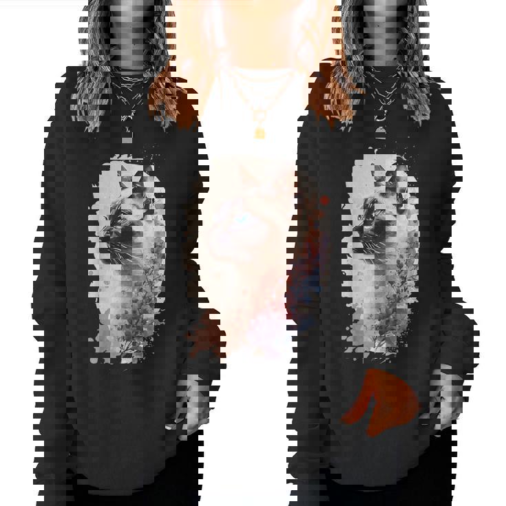 シャム猫 日本の桜 花柄 水彩 猫 レディーススウェットシャツ