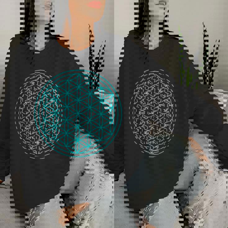 スピリチュアルセイクリッドジオメトリ 生命の花 ブルー レディーススウェットシャツ 彼女への贈り物