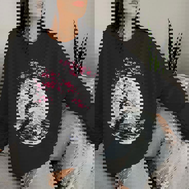 桜と月と富士山のtシャツ 春 花見 和柄 和風 和 メンズ レディース キッズ 水墨画 ギフト 服 サクラ レディーススウェットシャツ 彼女への贈り物