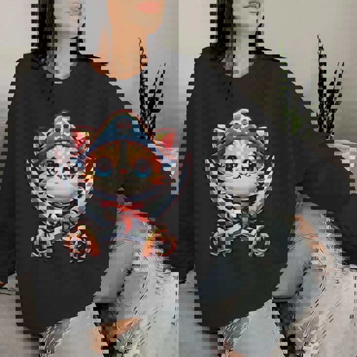 猫 海賊 キャプテントーク 海賊の日 幼児 女の子 男の子 レディーススウェットシャツ 彼女への贈り物