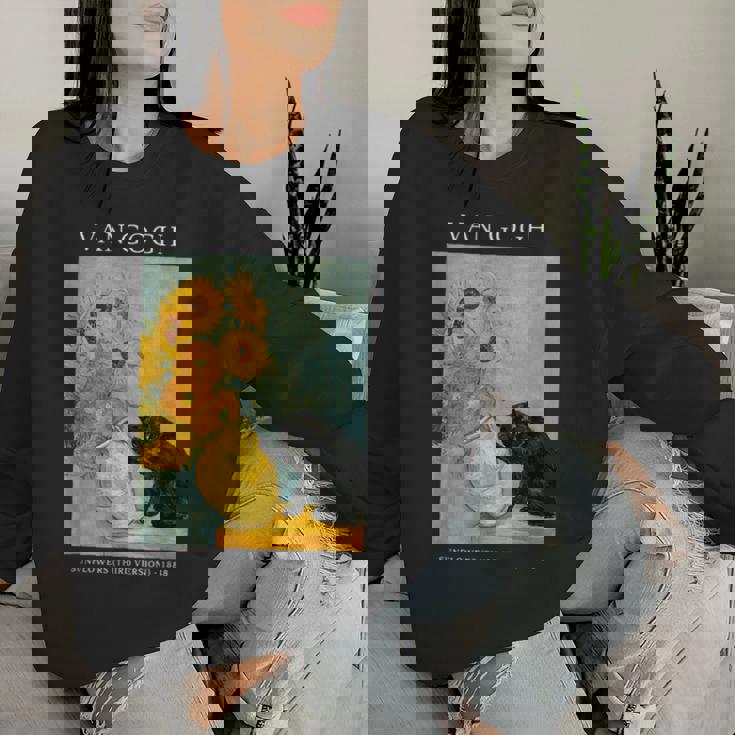 面白いゴッホ風変わりな猫とひまわりの花瓶パロディアート レディーススウェットシャツ 彼女への贈り物