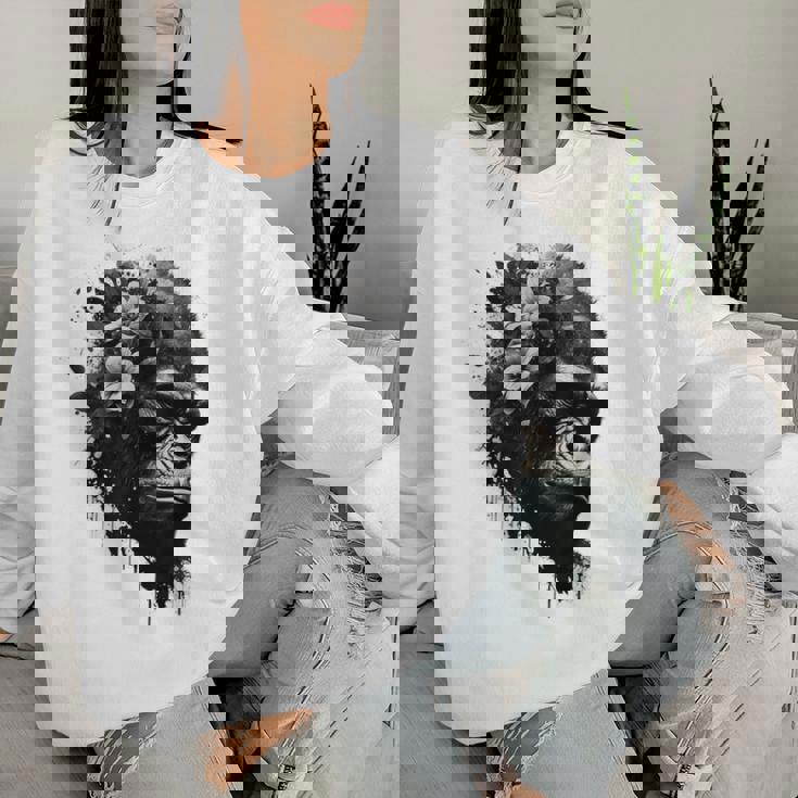 Gorilla Flowers モンキーアニマルプリントアート ゴリラ レディーススウェットシャツ 彼女への贈り物