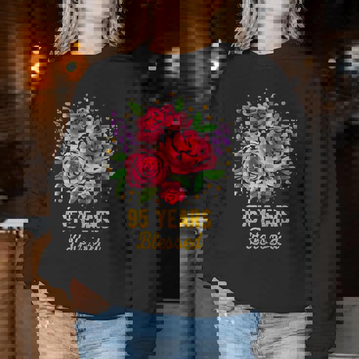 95歳 祝福されたかわいいバラの花 95歳 95歳の誕生日 レディーススウェットシャツ 面白い贈り物