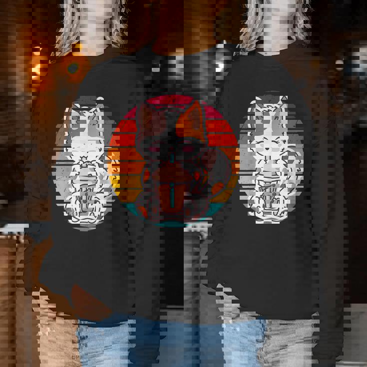 かわいい猫 ボバ ティーバブル アニメ 日本猫 女の子 ティーン レディーススウェットシャツ 面白い贈り物