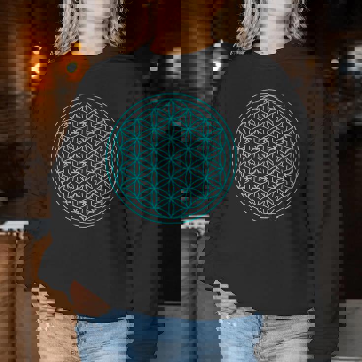 スピリチュアルセイクリッドジオメトリ 生命の花 ブルー レディーススウェットシャツ 面白い贈り物
