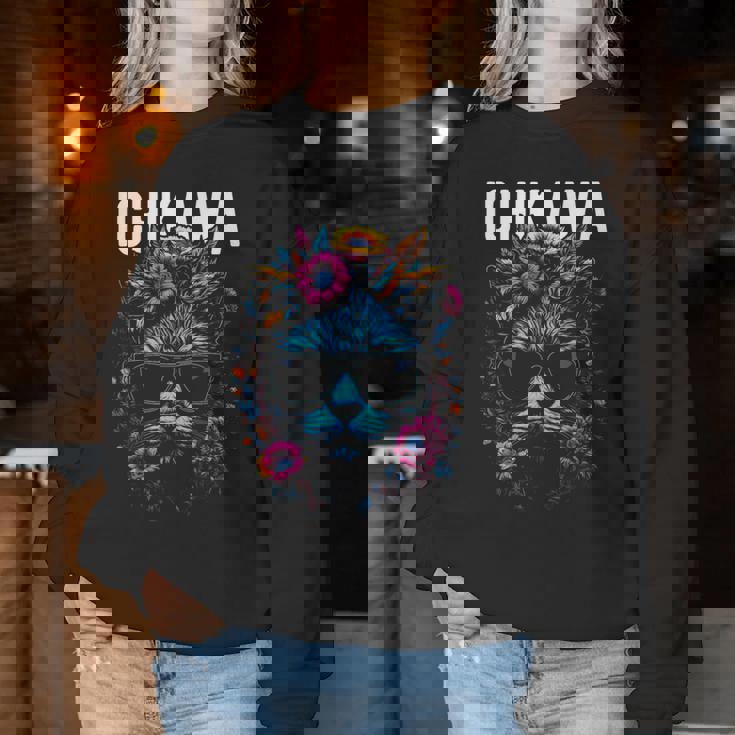 市川市 サングラスをかけた猫と花のデザイン レディーススウェットシャツ 面白い贈り物