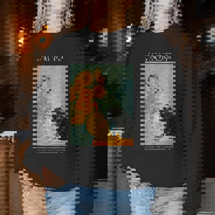 面白いゴッホ風変わりな猫とひまわりの花瓶パロディアート レディーススウェットシャツ 面白い贈り物