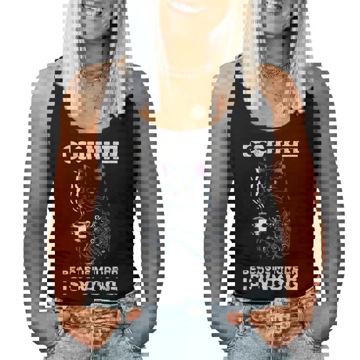 Black Cat Drinking Coffee Because Murder Is Wrong Retro For Women Women Tank Top