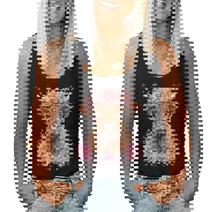 Cute Baby Highland Cow With Flowers Calf Animal Cow Women Women Tank Top