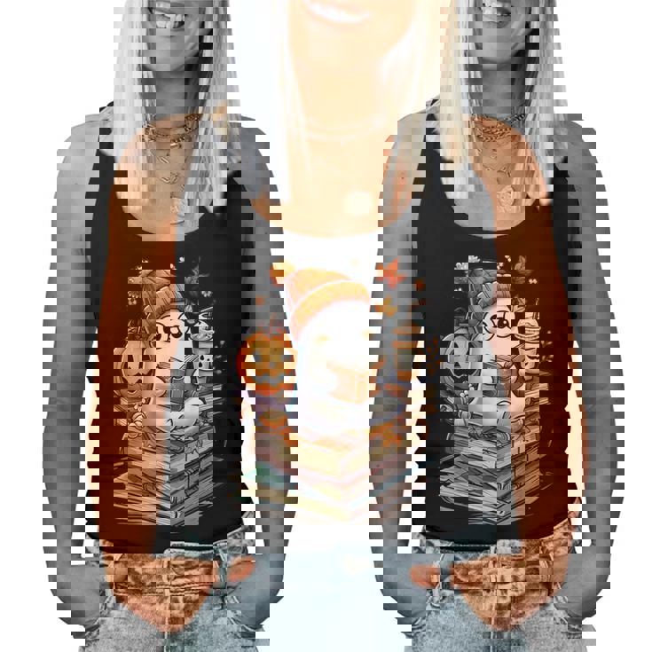 Cute Ghost Reading Book Lovers Autumn Fall Halloween Ghost Women Tank Top