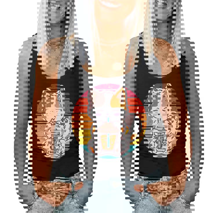 かわいい猫 ボバ ティーバブル アニメ 日本猫 女の子 ティーン レディースタンクトップ