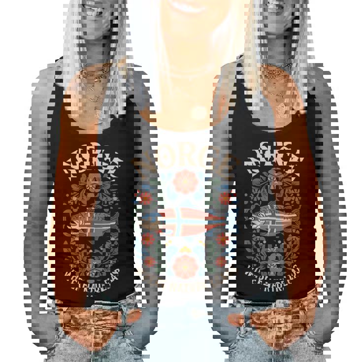 サーモン ノルウェー Rosemaling 花柄 フィヨルド 自然 Norge レディースタンクトップ