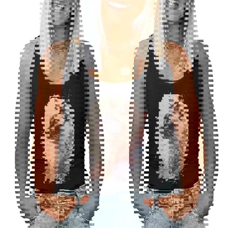 シャム猫 日本の桜 花柄 水彩 猫 レディースタンクトップ