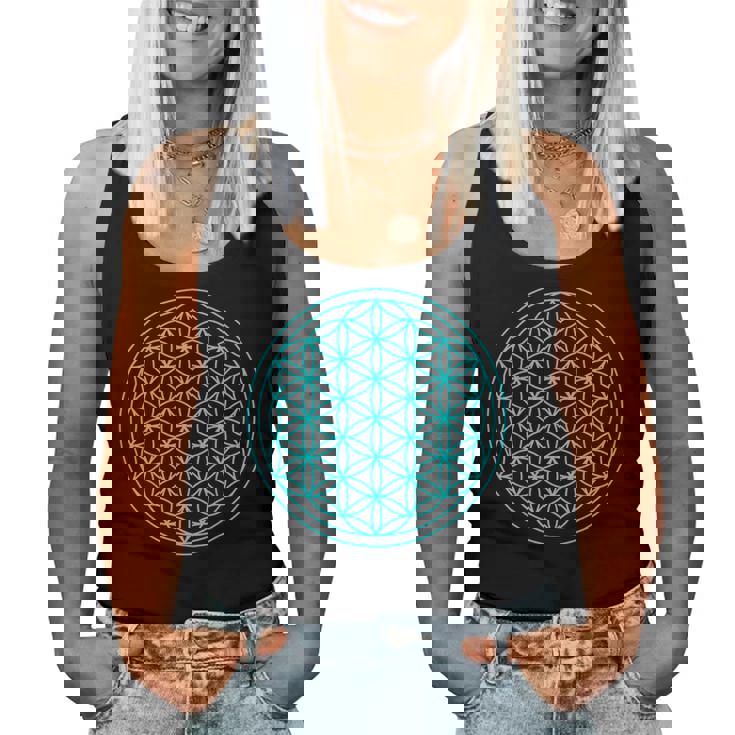 スピリチュアルセイクリッドジオメトリ 生命の花 ブルー レディースタンクトップ