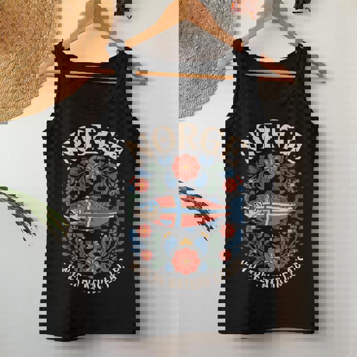 サーモン ノルウェー Rosemaling 花柄 フィヨルド 自然 Norge レディースタンクトップ 面白い贈り物