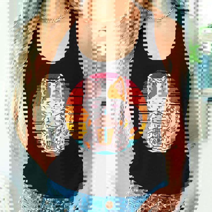 かわいい猫 ボバ ティーバブル アニメ 日本猫 女の子 ティーン レディースタンクトップ 彼女への贈り物