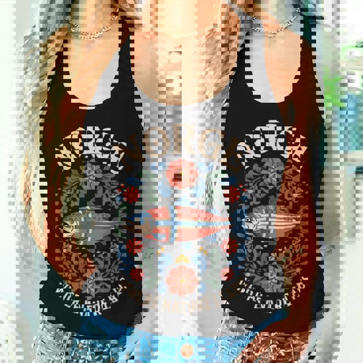 サーモン ノルウェー Rosemaling 花柄 フィヨルド 自然 Norge レディースタンクトップ 彼女への贈り物