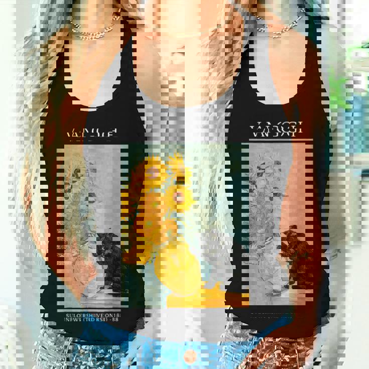 面白いゴッホ風変わりな猫とひまわりの花瓶パロディアート レディースタンクトップ 彼女への贈り物