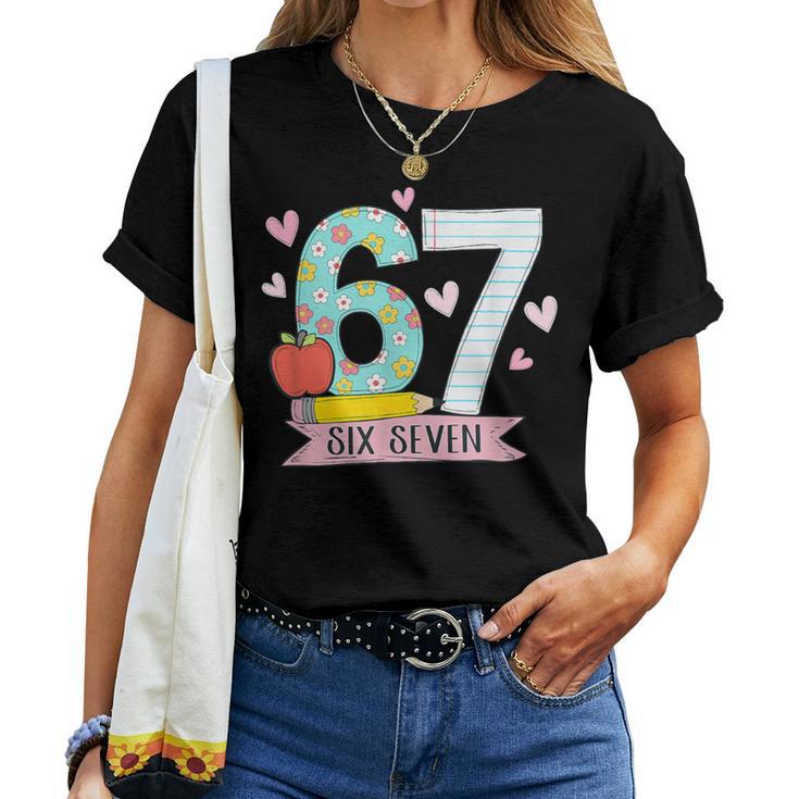 Cute Pink 67 Six Seven Meme Girls Women T-shirt | Mazezy