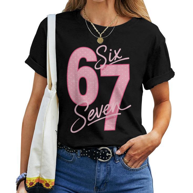 Cute Pink 67 Six Seven Meme Girls Women T-shirt | Mazezy