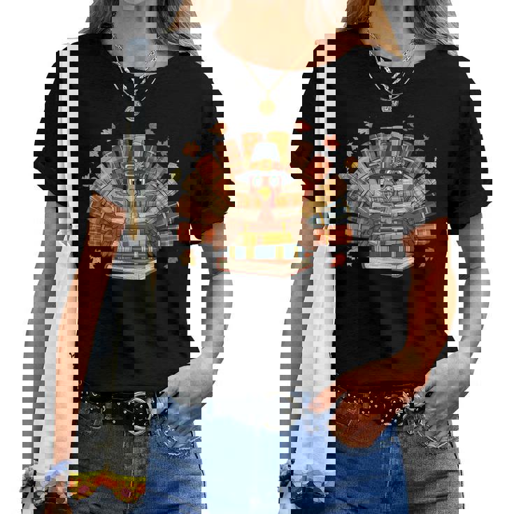 Thanksgiving Turkey Reading Book Fall Season Teacher Costume Women T-shirt