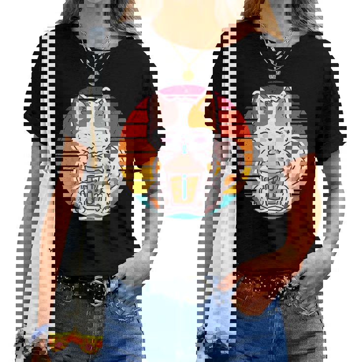 かわいい猫 ボバ ティーバブル アニメ 日本猫 女の子 ティーン レディースTシャツ