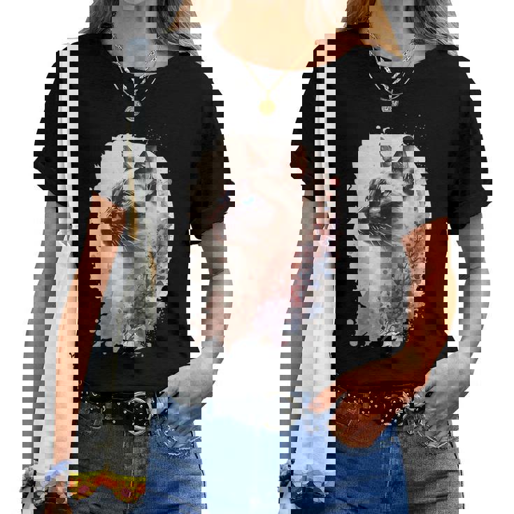 シャム猫 日本の桜 花柄 水彩 猫 レディースTシャツ