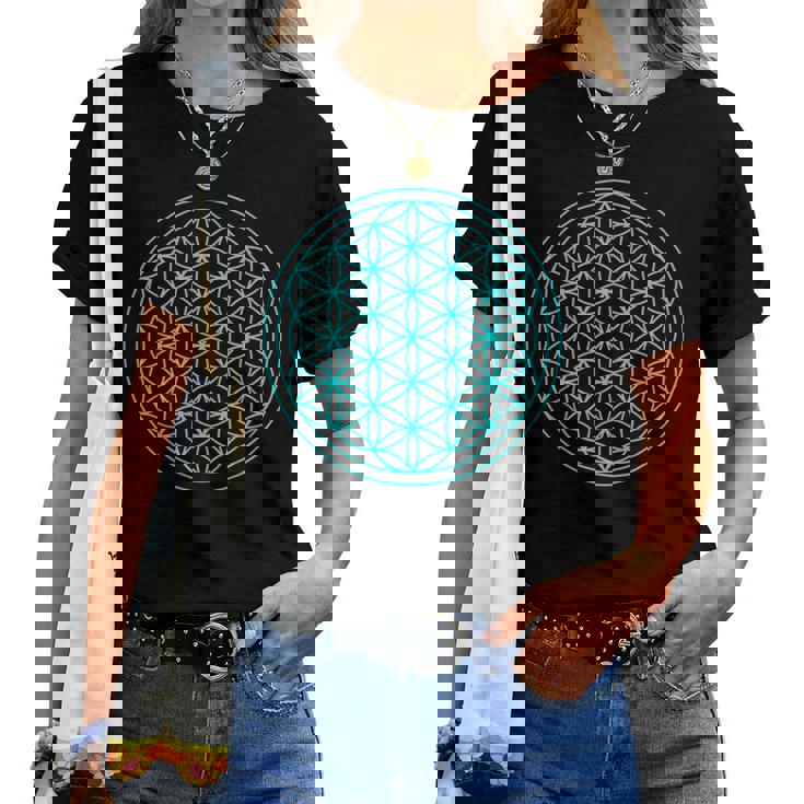 スピリチュアルセイクリッドジオメトリ 生命の花 ブルー レディースTシャツ