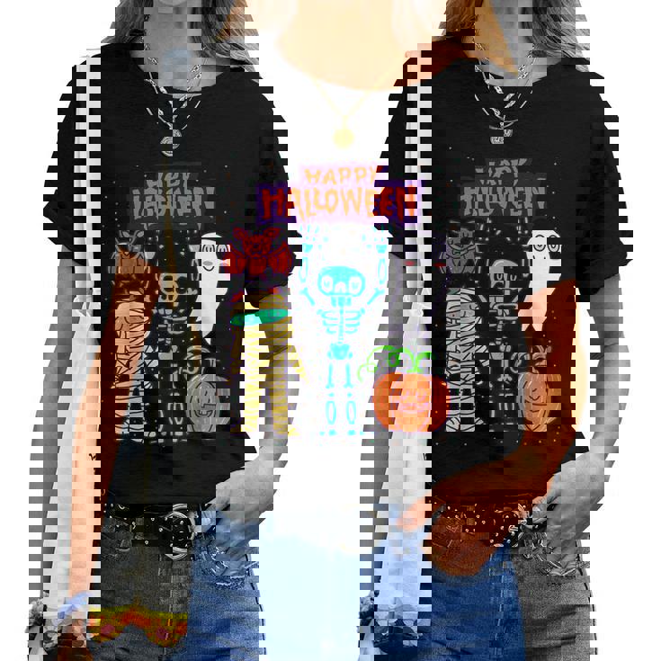 ハッピーハロウィン骨格かぼちゃかわいいゴーストキッズ男の子女の子 レディースTシャツ