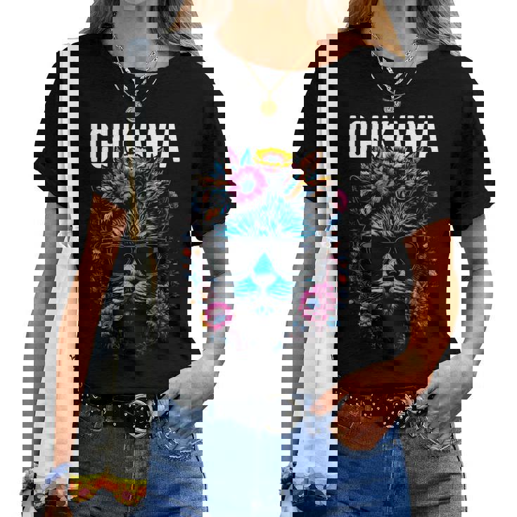 市川市 サングラスをかけた猫と花のデザイン レディースTシャツ