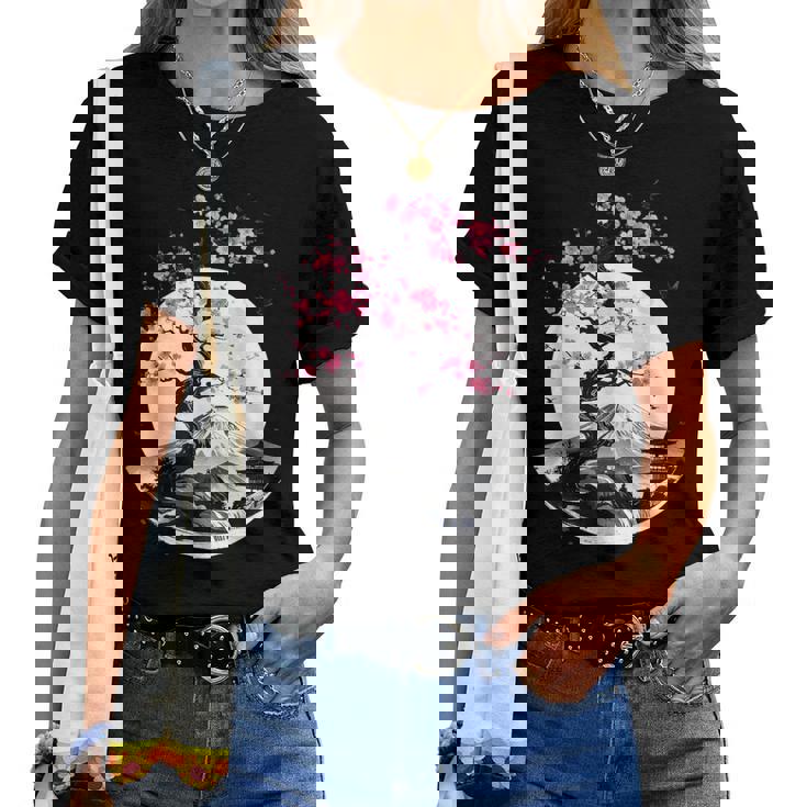 桜と月と富士山のtシャツ 春 花見 和柄 和風 和 メンズ レディース キッズ 水墨画 ギフト 服 サクラ レディースTシャツ