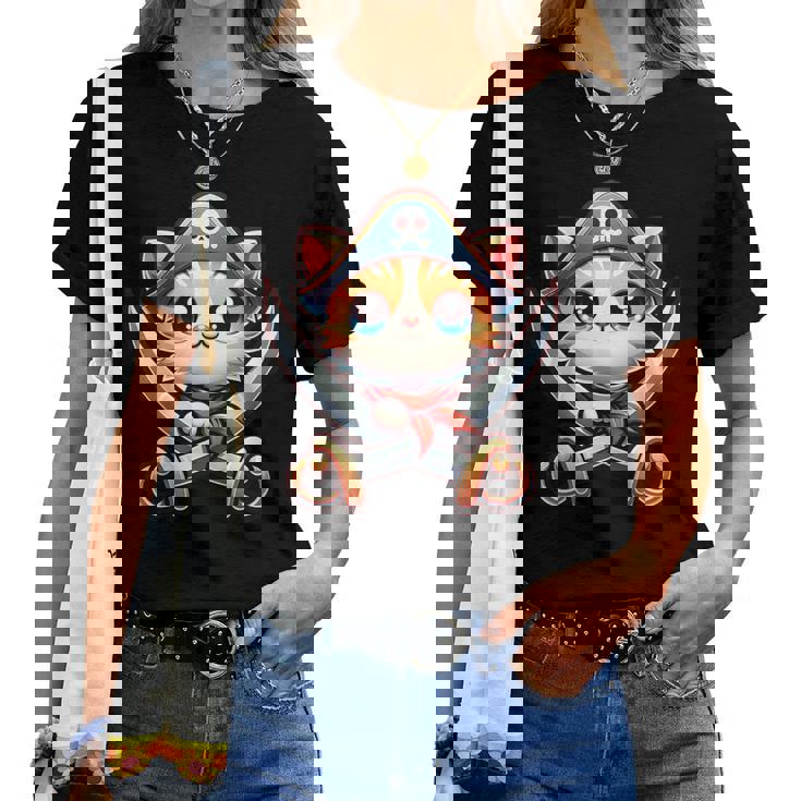 猫 海賊 キャプテントーク 海賊の日 幼児 女の子 男の子 レディースTシャツ