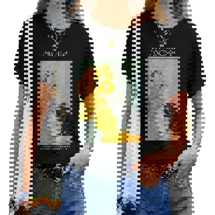 面白いゴッホ風変わりな猫とひまわりの花瓶パロディアート レディースTシャツ