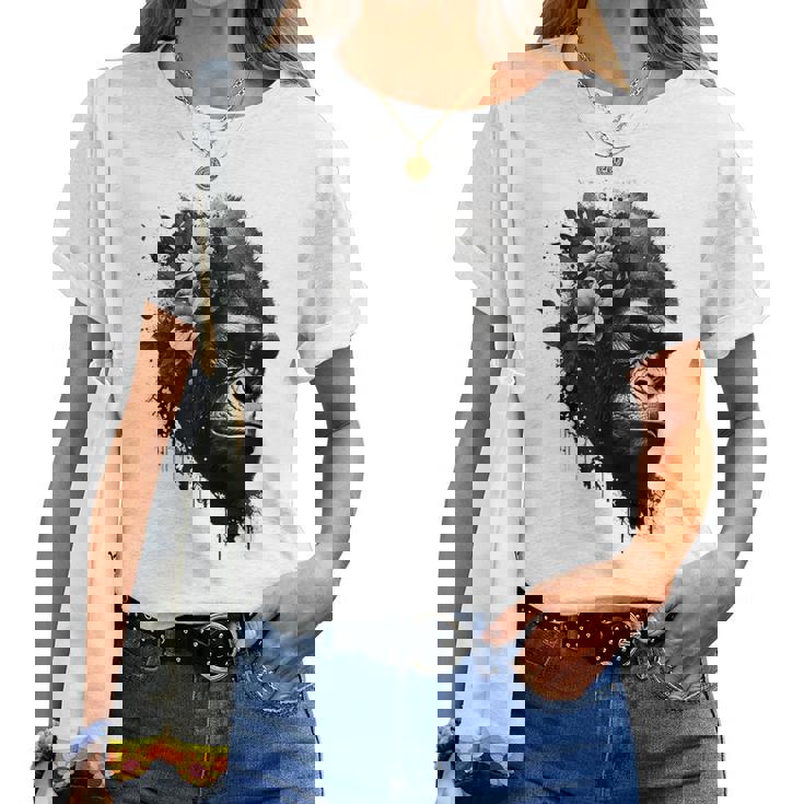 Gorilla Flowers モンキーアニマルプリントアート ゴリラ レディースTシャツ