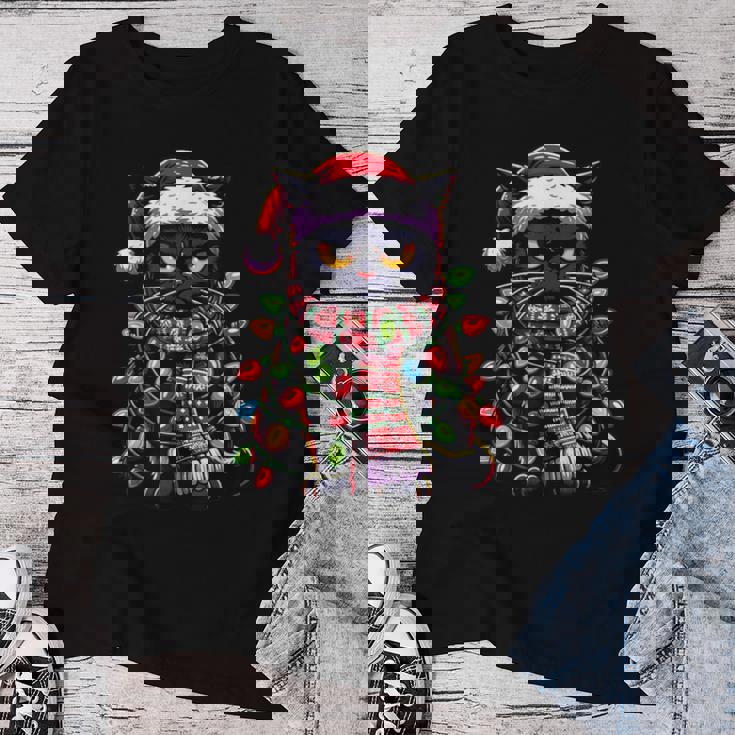 Brontolo Gatto Neroestito Natale Gatto Papà Mamma Natale Maglietta da donna Regalos divertidos