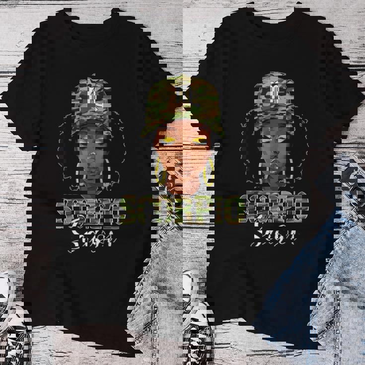 Scorpio Season Black Woman With Camo Hat Birthday Girls Women T-shirt Unique Gifts