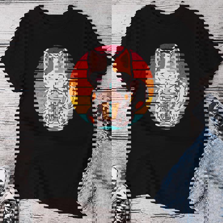 かわいい猫 ボバ ティーバブル アニメ 日本猫 女の子 ティーン レディースTシャツ 面白い贈り物