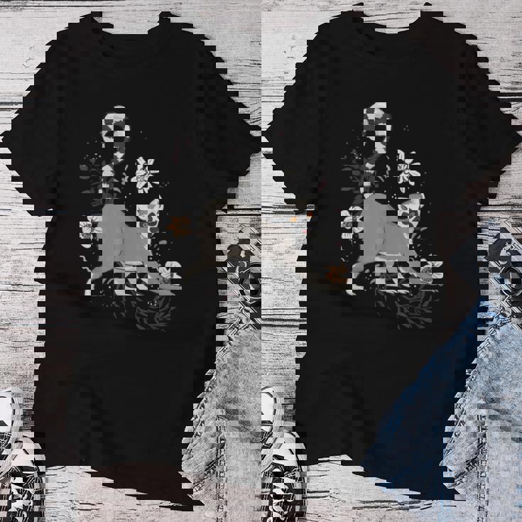 かわいい花 面白い動物キツネザル レディースTシャツ 面白い贈り物