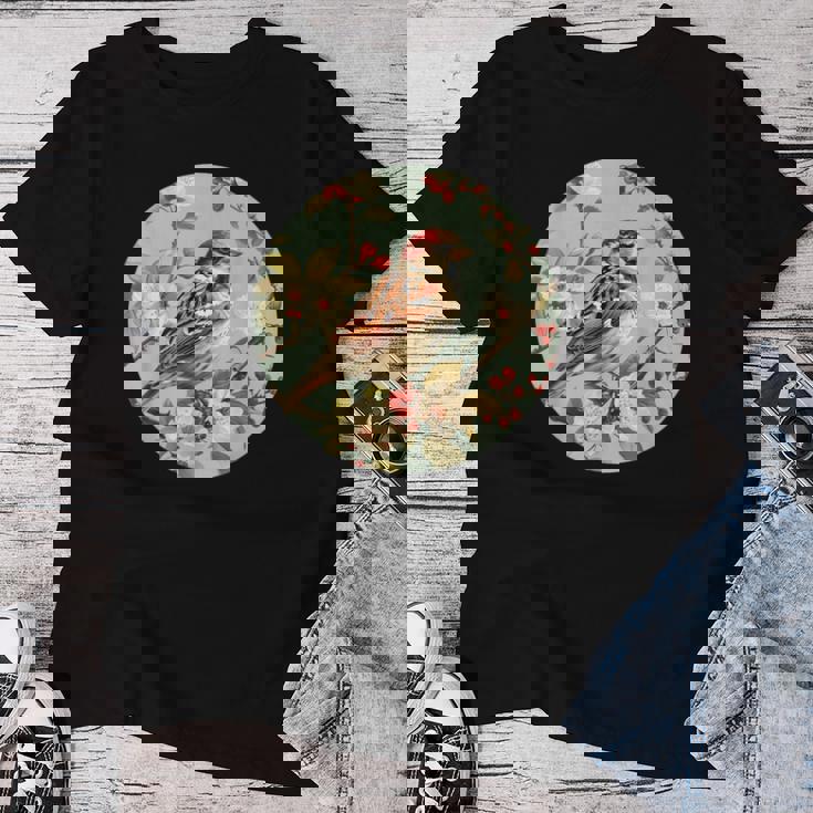 かわいい花のスズメの花の家のスズメ。 レディースTシャツ 面白い贈り物