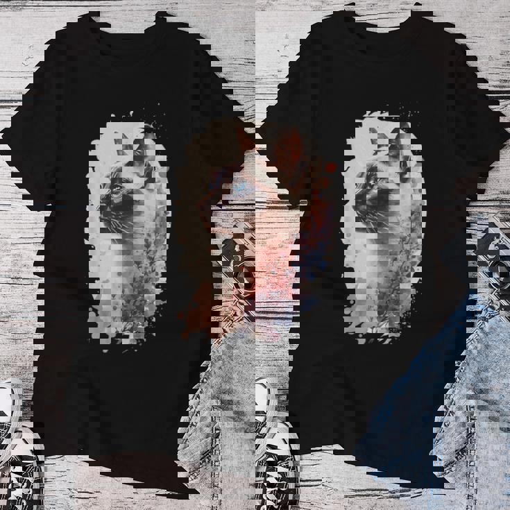 シャム猫 日本の桜 花柄 水彩 猫 レディースTシャツ 面白い贈り物