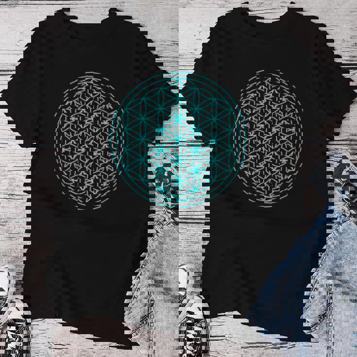 スピリチュアルセイクリッドジオメトリ 生命の花 ブルー レディースTシャツ 面白い贈り物