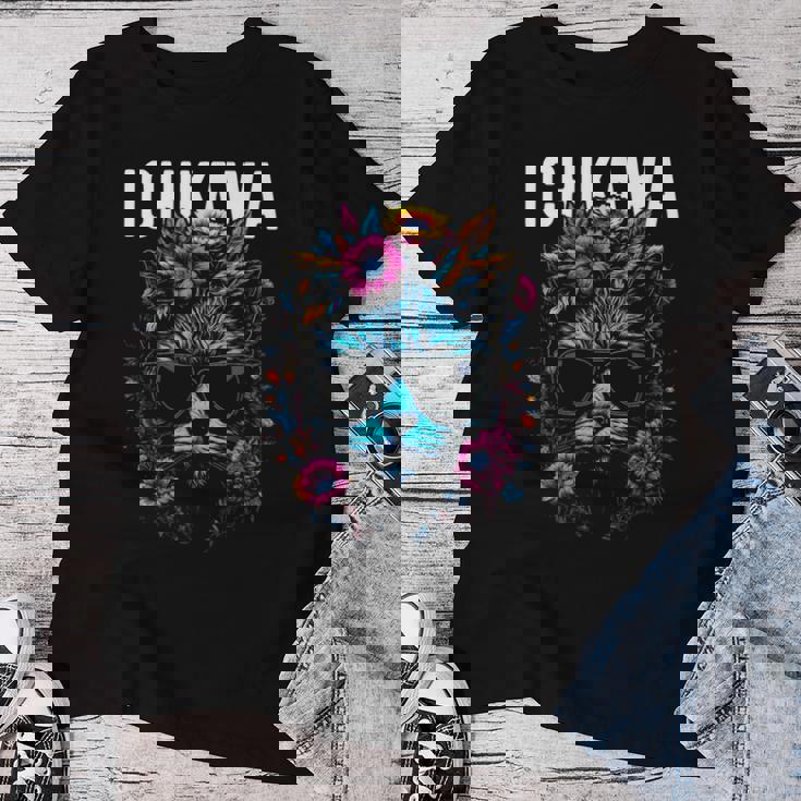 市川市 サングラスをかけた猫と花のデザイン レディースTシャツ 面白い贈り物