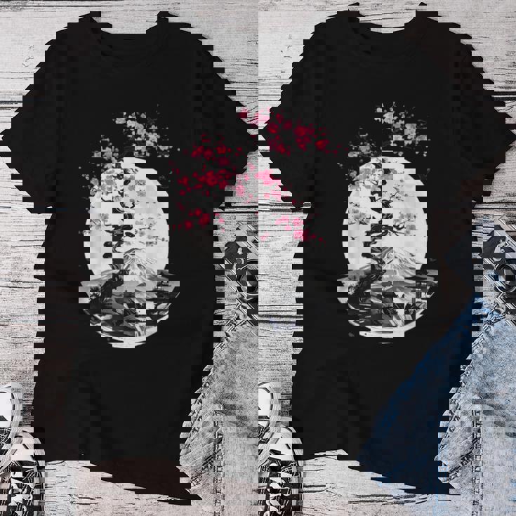 桜と月と富士山のtシャツ 春 花見 和柄 和風 和 メンズ レディース キッズ 水墨画 ギフト 服 サクラ レディースTシャツ 面白い贈り物