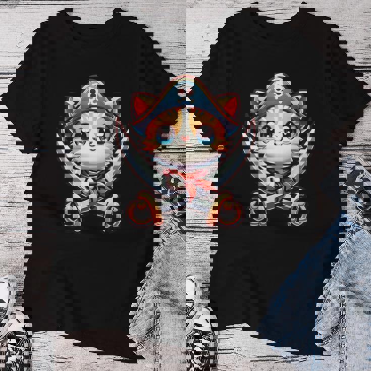 猫 海賊 キャプテントーク 海賊の日 幼児 女の子 男の子 レディースTシャツ 面白い贈り物