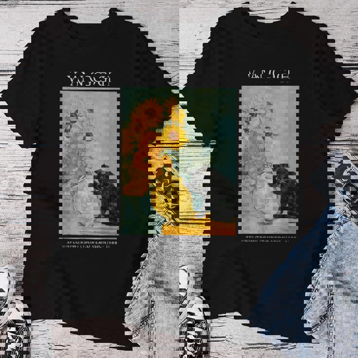 面白いゴッホ風変わりな猫とひまわりの花瓶パロディアート レディースTシャツ 面白い贈り物